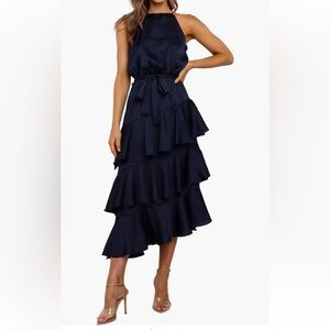 Petal & pup $89 navy blue satin asymmetrical, tiered sleeveless dress 16